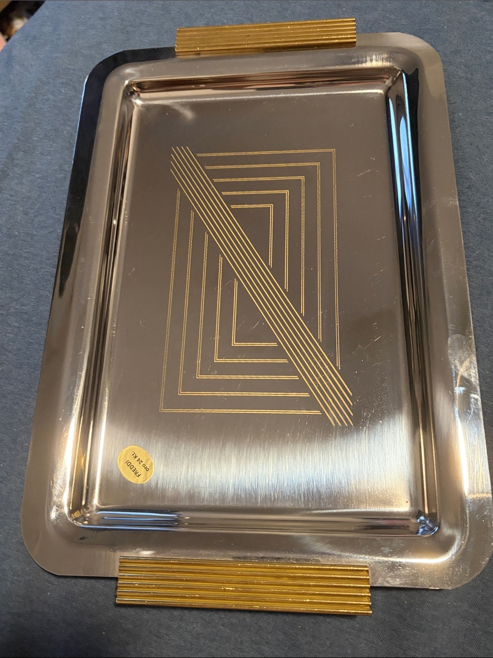 Vintage Freddi Italian Stainless Steel Serving Tray 24K Gold Plated Art Deco MCM